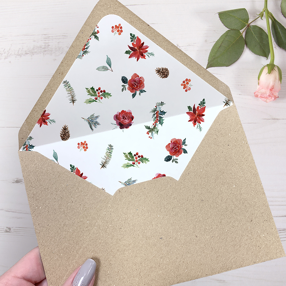 'Christmas Holly' Printed Envelope Liners Bespoke